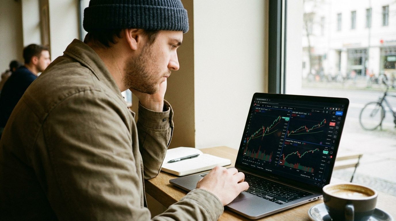 Junger Anleger vergleicht ETF-Renditen am Laptop — Robo-Advisor vs. DIY