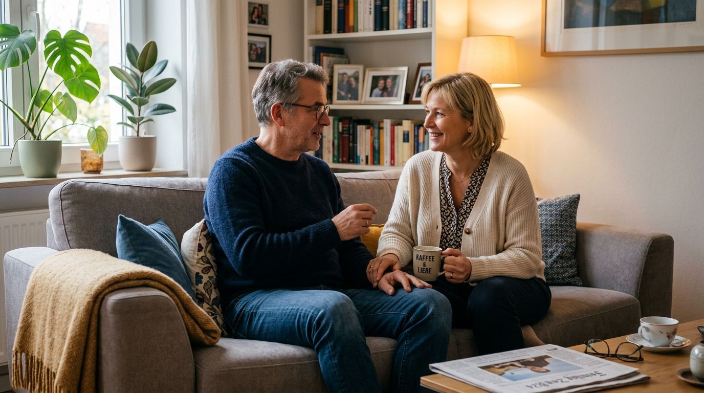 Ehepaar spricht auf dem Sofa über Vorsorge und Depot-Vererbung