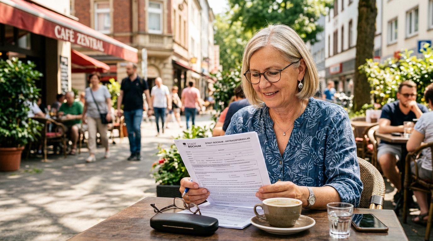 Frau um die 60 sitzt im Café und füllt Formulare für den Rentenantrag aus