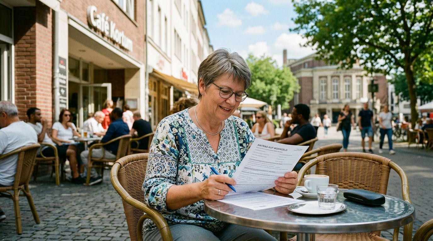 Frau sitzt entspannt im Café und überprüft ihre Rentenunterlagen