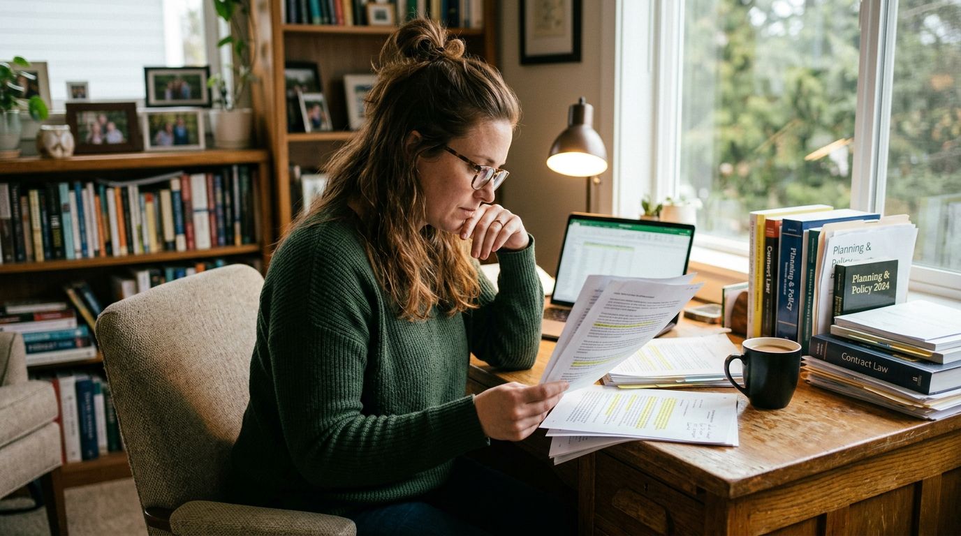 Frau prüft im Homeoffice Dokumente zur Altersvorsorge und Vorsorgevollmacht