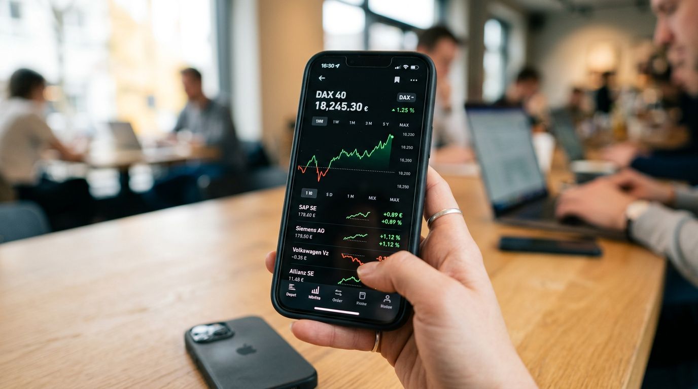 Nahaufnahme Smartphone mit Depot-Chart — ETF-Kursentwicklung im Blick