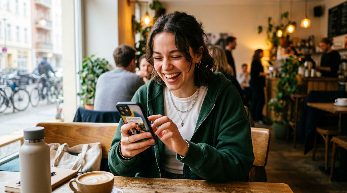 Junge Frau startet ETF Sparplan per Smartphone