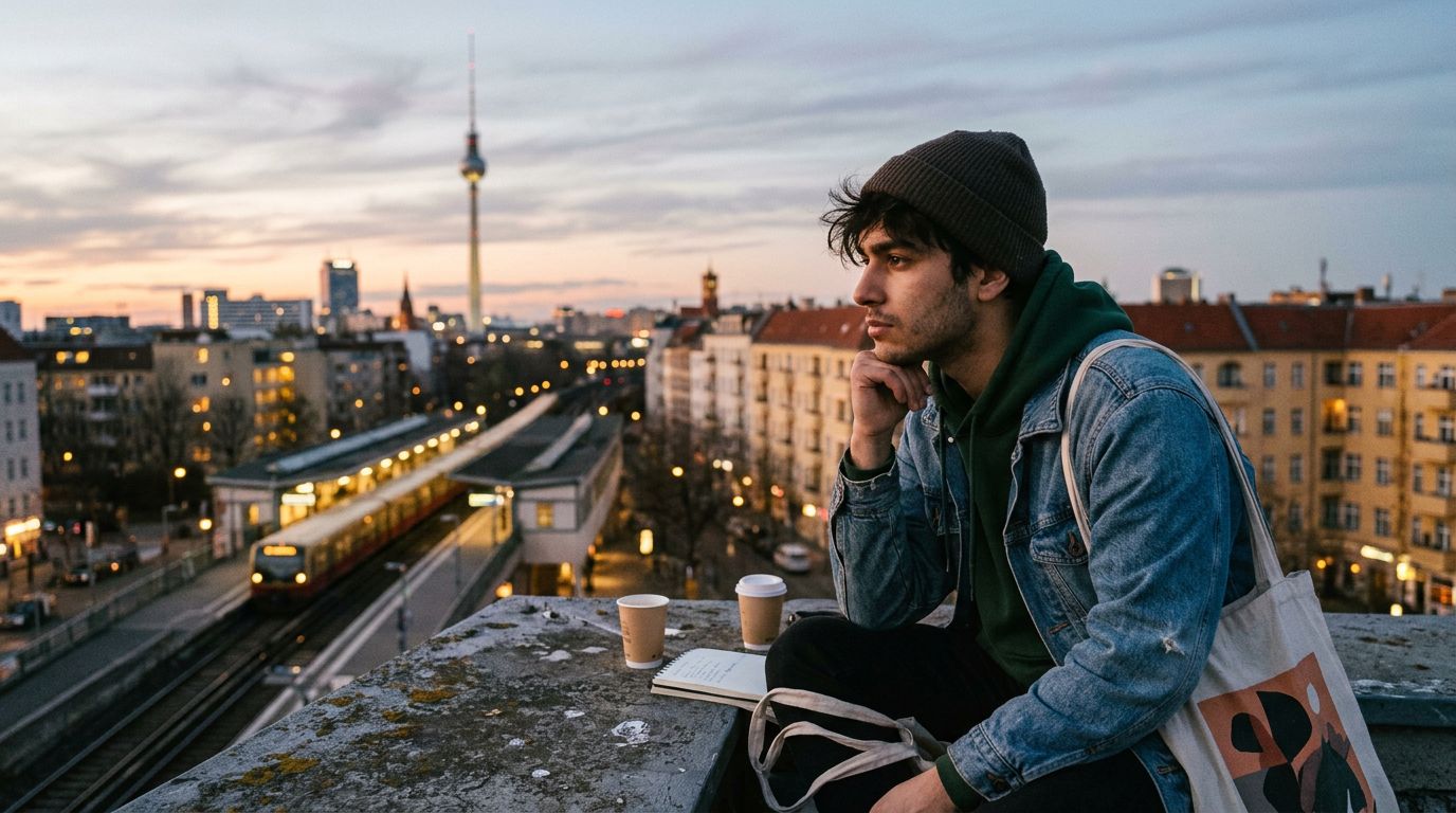 Junger Mann in Berlin denkt über seine Rentenvorsorge nach