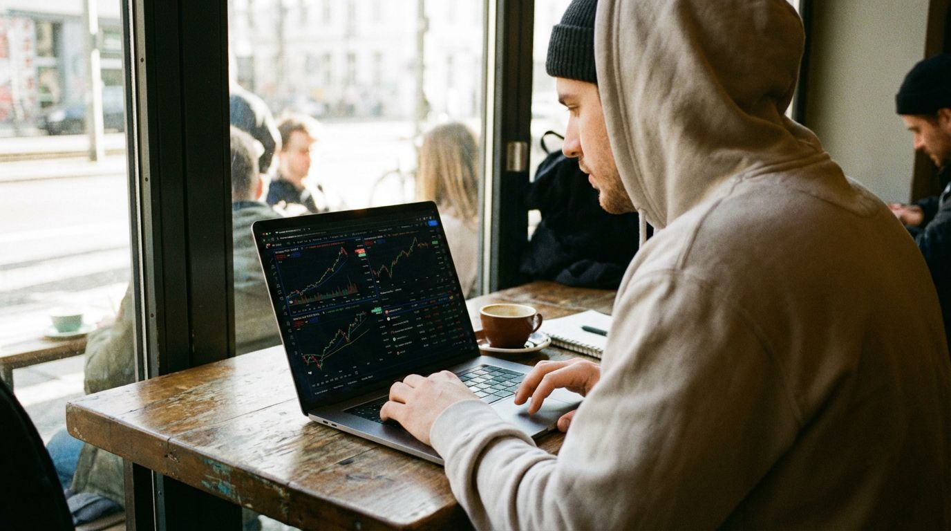 Junger Mann vergleicht ETF-Angebote am Laptop im Homeoffice