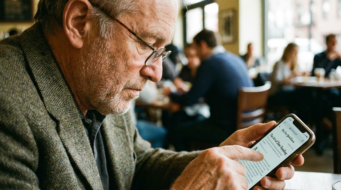 Mann liest Aktien-News auf dem Smartphone und begeht typische Denkfehler beim Investieren