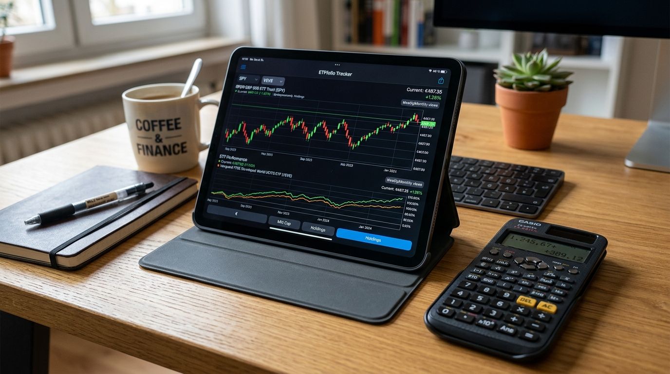 Tablet mit Finanz-App und Taschenrechner auf dem Schreibtisch — Pflegekosten kalkulieren