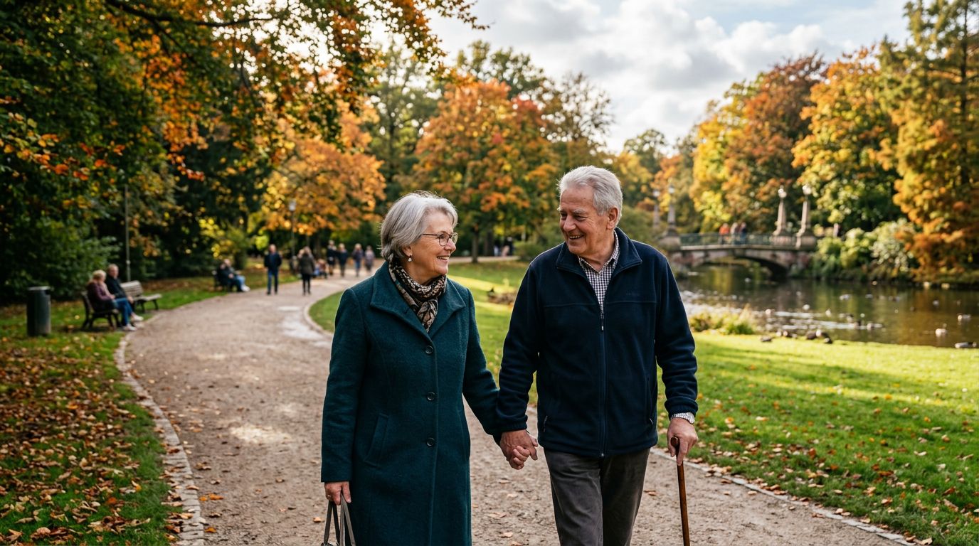 Rentner-Ehepaar spaziert sorgenfrei im Park — Altersvorsorge hat sich ausgezahlt