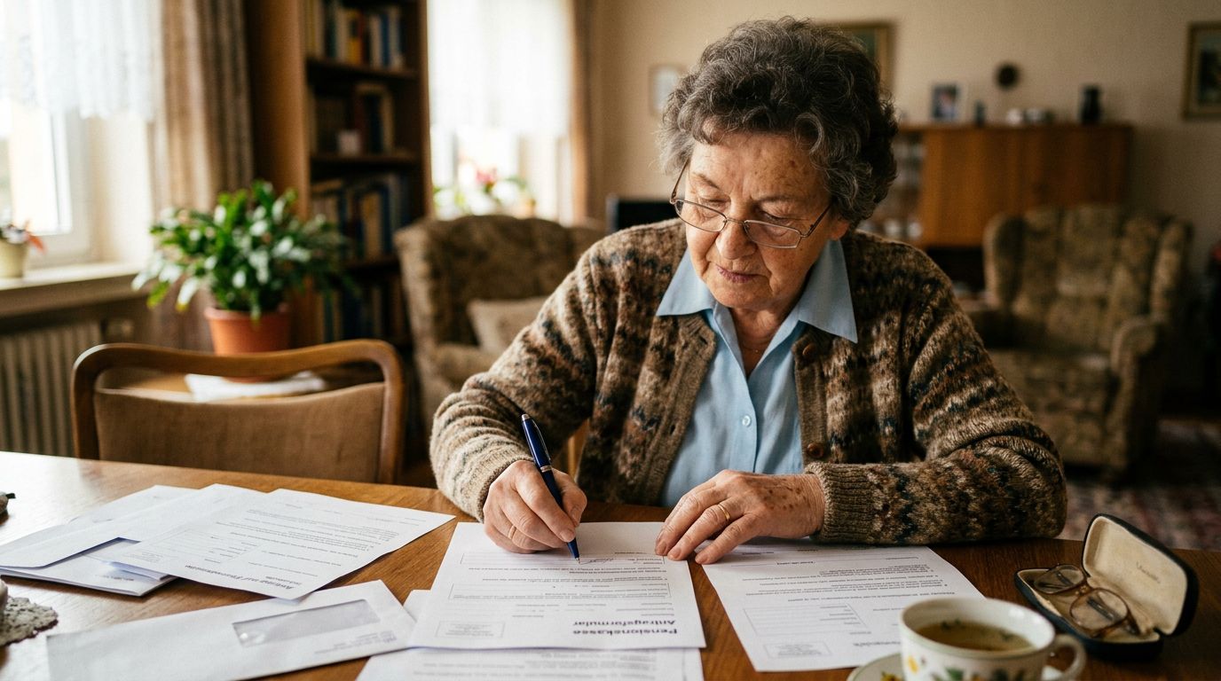 Rentnerin unterschreibt Dokumente zur Altersvorsorge und Pflegeplanung